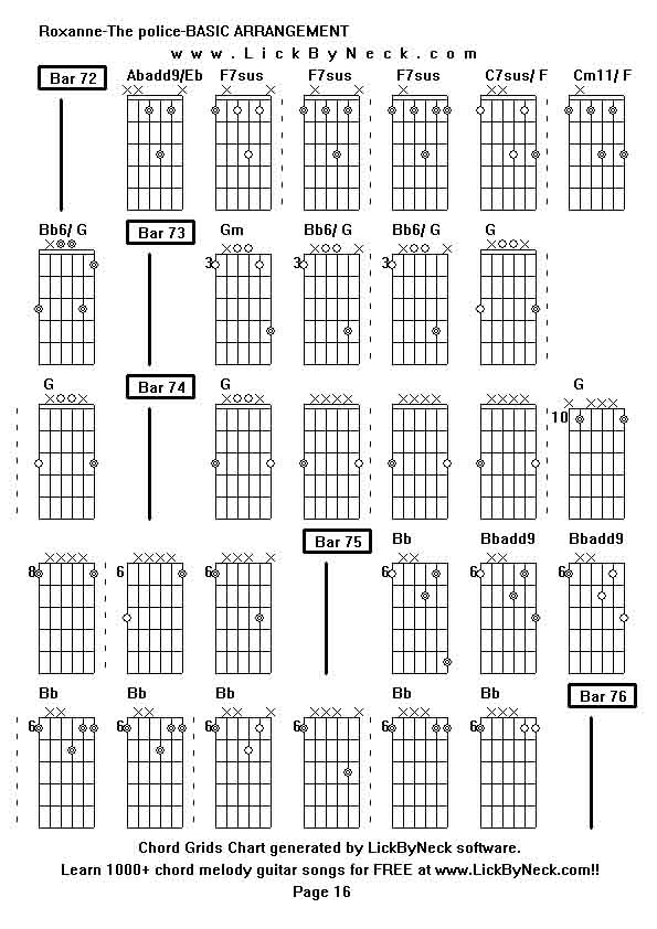 Chord Grids Chart of chord melody fingerstyle guitar song-Roxanne-The police-BASIC ARRANGEMENT,generated by LickByNeck software.